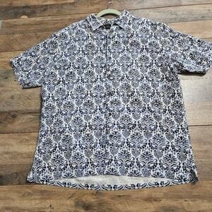 Tasso Elba Shirt Mens 100% Silk Short Sleeve Large Blue White Hawaiian Casual